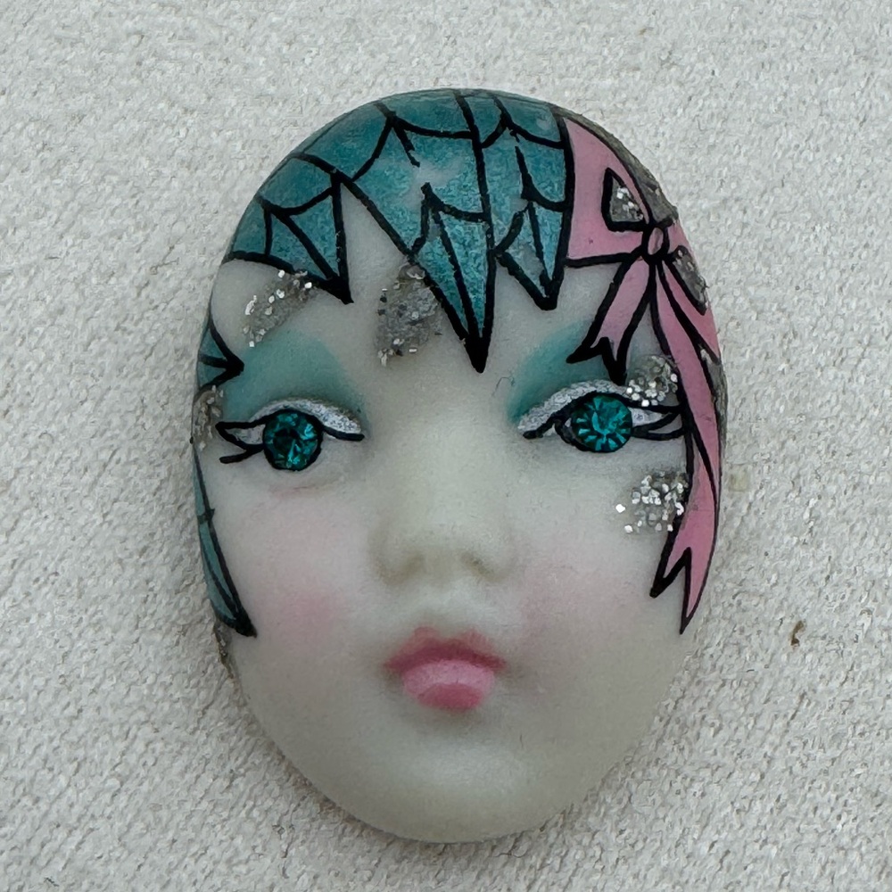 Signed Porcelain Art Deco Lady Face Brooch Blue Pink Rhinestone Pin